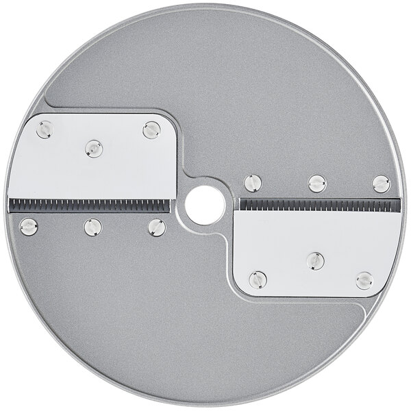 A circular metal Robot Coupe Julienne cutting disc with two holes in it.
