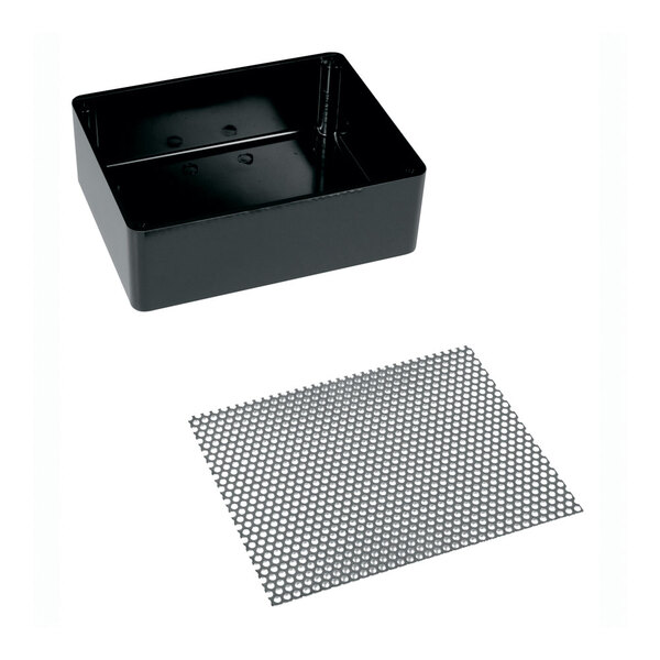 A black metal drip tray with a white surface and metal mesh.