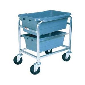 A Winholt stainless steel cart with two blue lugs on it.