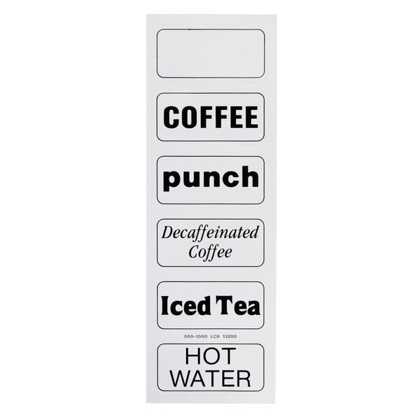 A white rectangular Cambro label with black text reading "Coffee Punch", "Ice Tea", and "Hot Water" on a counter.