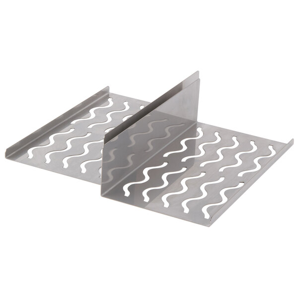 A metal tray with two dividers and wavy metal surfaces.