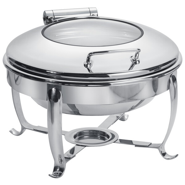 An Eastern Tabletop stainless steel round chafer with a glass lid on a stand.