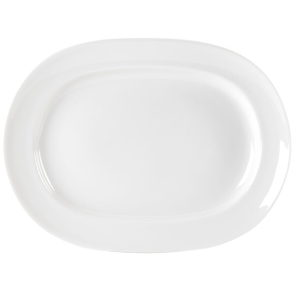 A Homer Laughlin bright white china platter with a rounded edge.