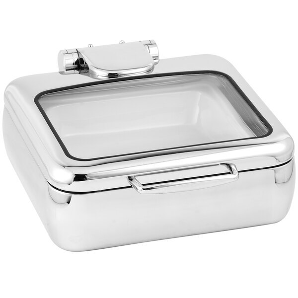 A silver stainless steel square chafer with a hinged glass lid.