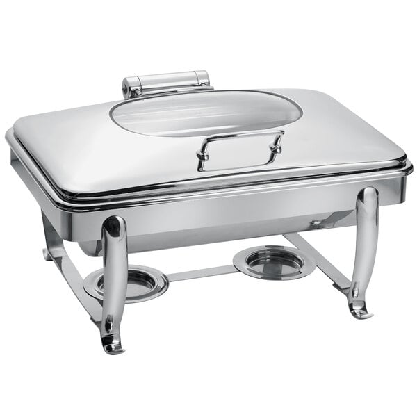 A silver rectangular stainless steel chafer with a glass lid.