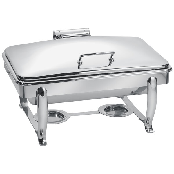 An Eastern Tabletop stainless steel rectangular chafer with a hinged dome cover on a stand.