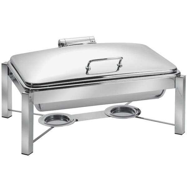 An Eastern Tabletop rectangular stainless steel chafer on a silver stand with a hinged dome lid.