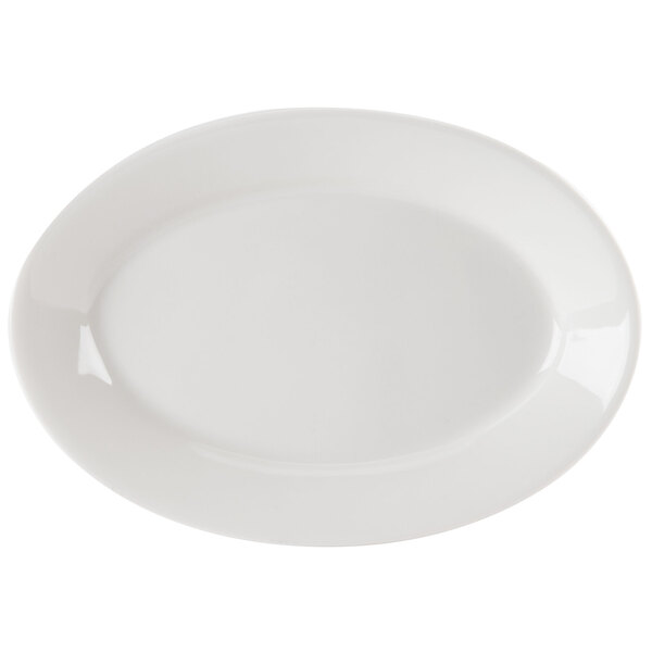 A Homer Laughlin Ameriwhite china platter with a curved edge and white rim.