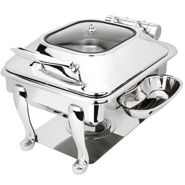 A silver stainless steel rectangular chafer with a lid on a stand.