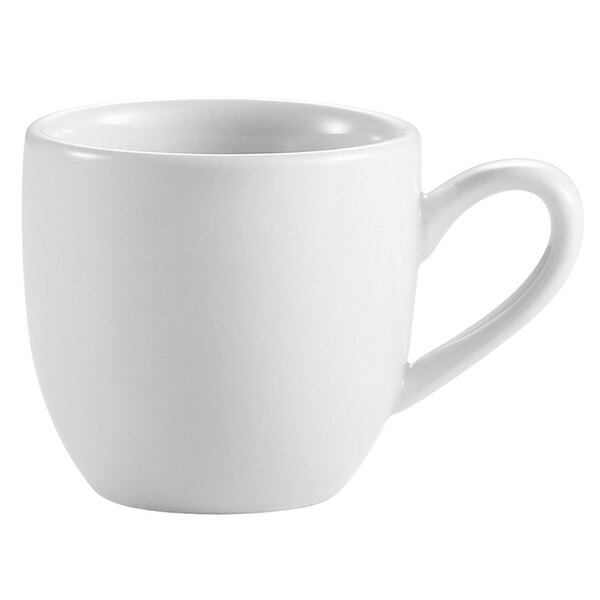 A close-up of a white CAC Clinton espresso cup with a handle.