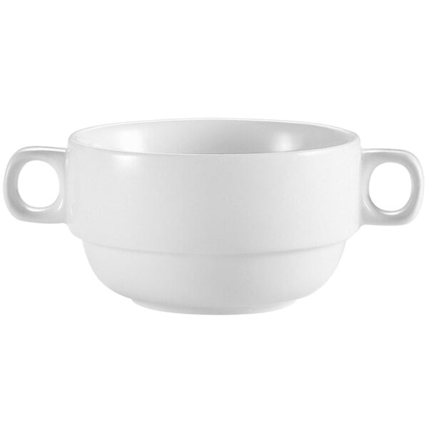 A white CAC Clinton bouillon bowl with two handles.