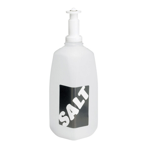 A white plastic bottle with the word "salt" in black.