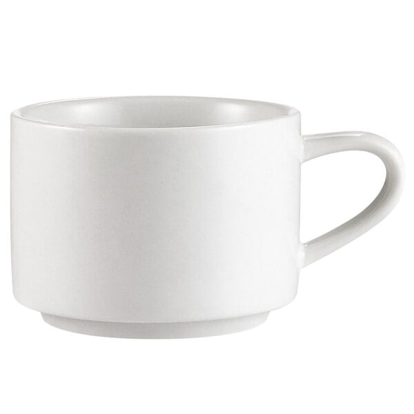 A close-up of a CAC Super White Clinton stacking cup with a handle.