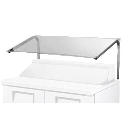 A white rectangular True sneeze guard over white cabinets with a metal handle.