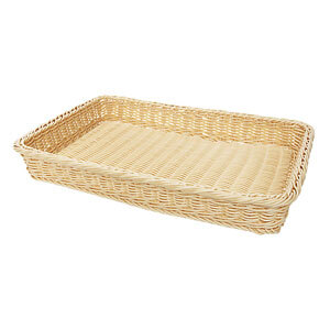 A natural rectangular plastic bread basket with a woven design.