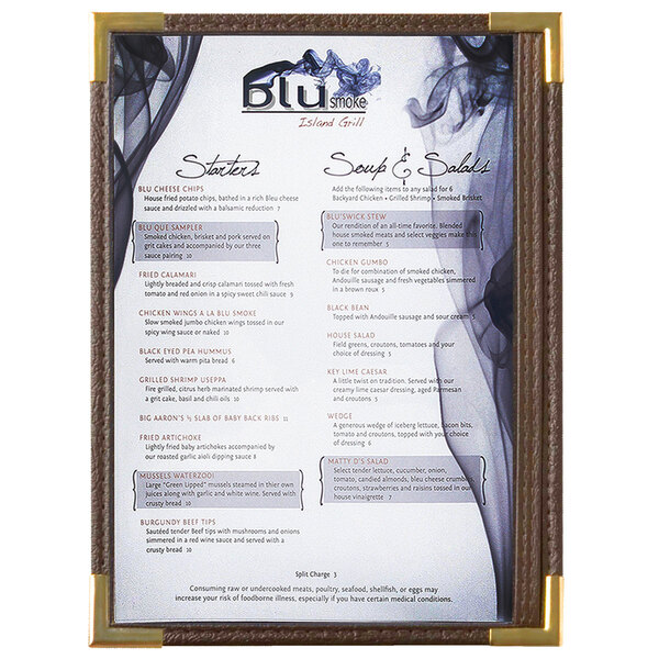A brown Menu Solutions menu board with gold corners.