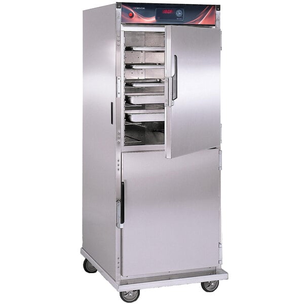 A stainless steel Cres Cor holding cabinet with solid doors.