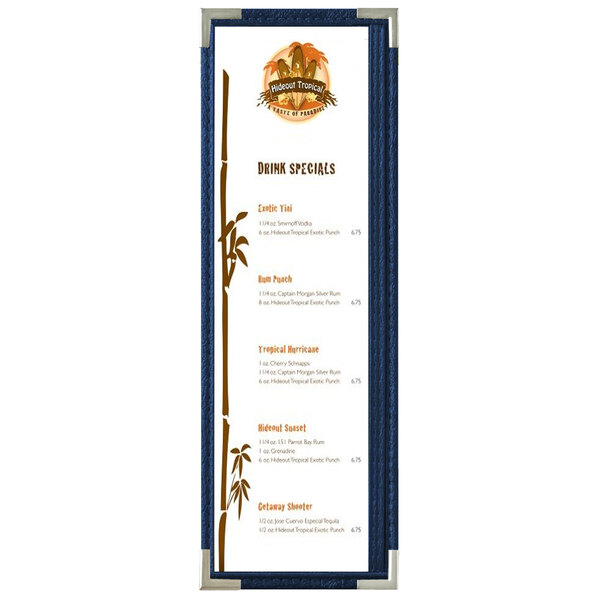A blue Royal menu board with silver corners on a white background.