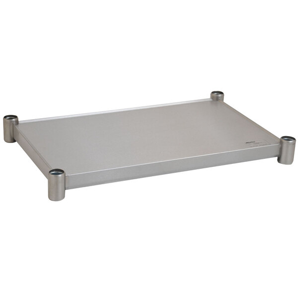 A silver rectangular stainless steel undershelf for an Eagle Group work table.