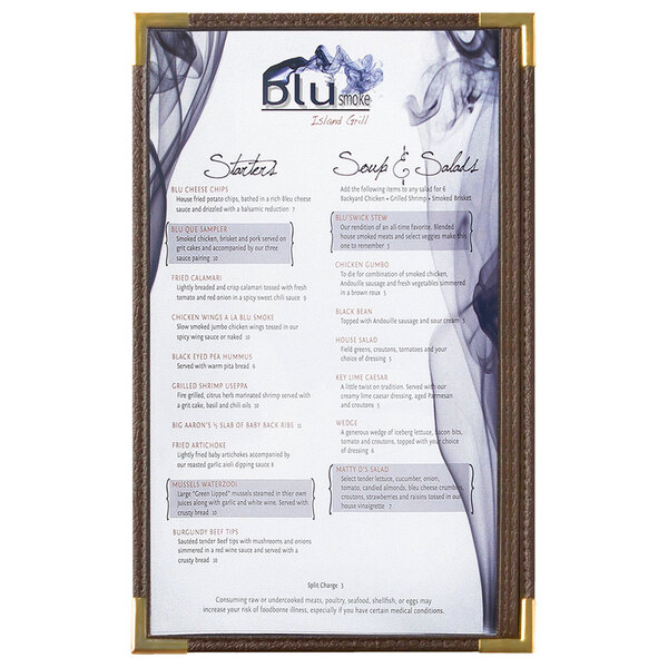 A brown Menu Solutions menu board with gold corners holding a menu with text.