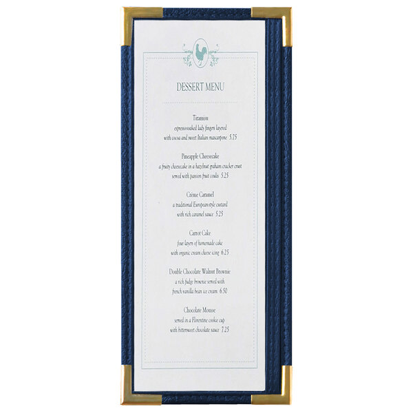 A Menu Solutions blue menu board with gold corners on a table.