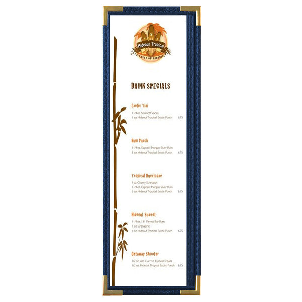 A blue menu board with gold corners for Royal Menu Solutions.