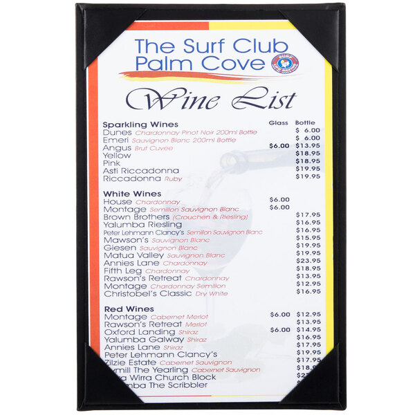A white menu with a black frame on the cover.
