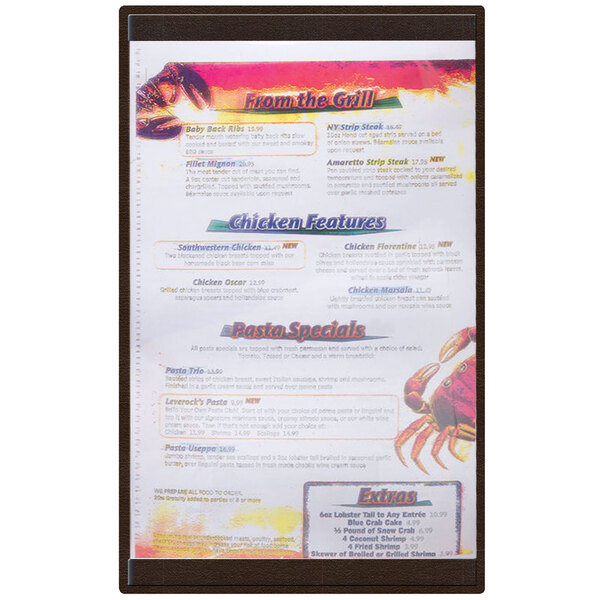 A brown Menu Solutions K22-Kent menu board on a table in a seafood restaurant with colorful writing.