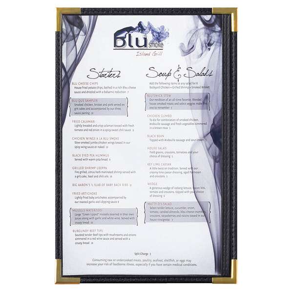 A black Menu Solutions menu board with gold corners.