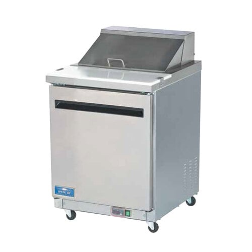 An Arctic Air stainless steel refrigerated sandwich prep table with a glass door.