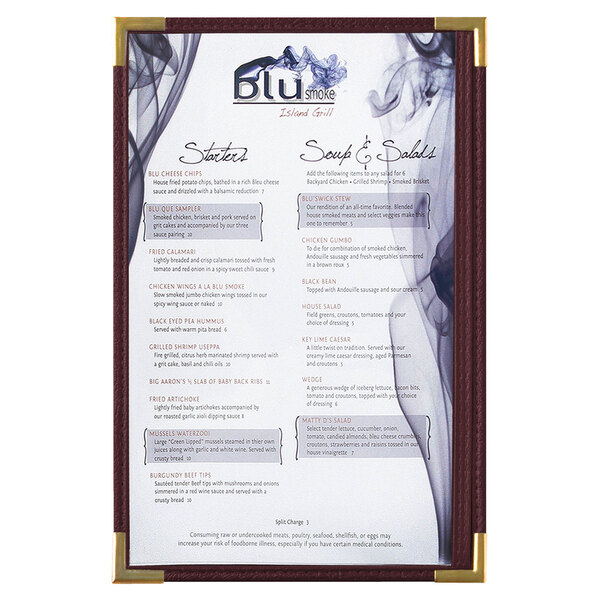 A Royal burgundy menu board with gold corners and white smoke on the menu.
