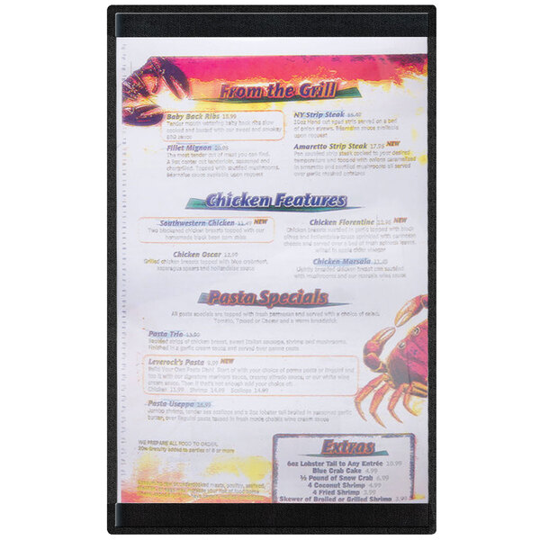 A Menu Solutions K22-Kent black menu board on a counter with a menu inside.