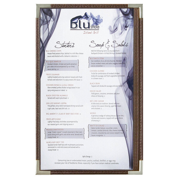 A brown leather Royal menu board with silver corners holding a menu with smoke and text.