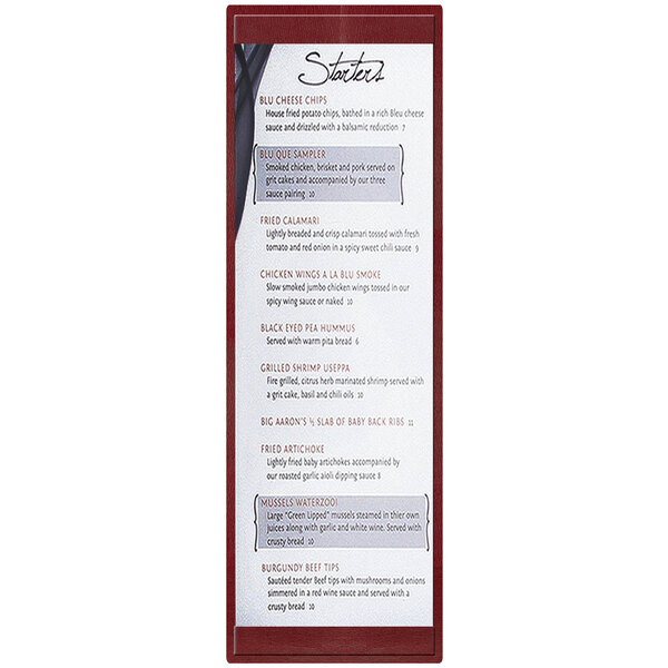 A burgundy Menu Solutions menu board on a table in a restaurant.