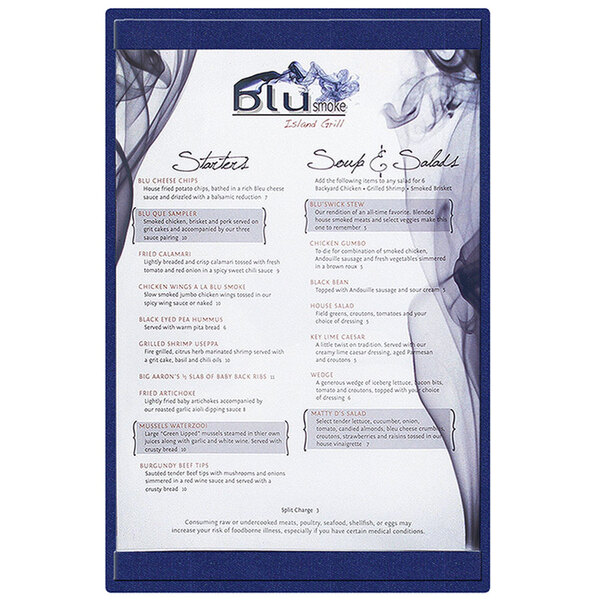 A blue Menu Solutions menu board with black trim on a restaurant counter.