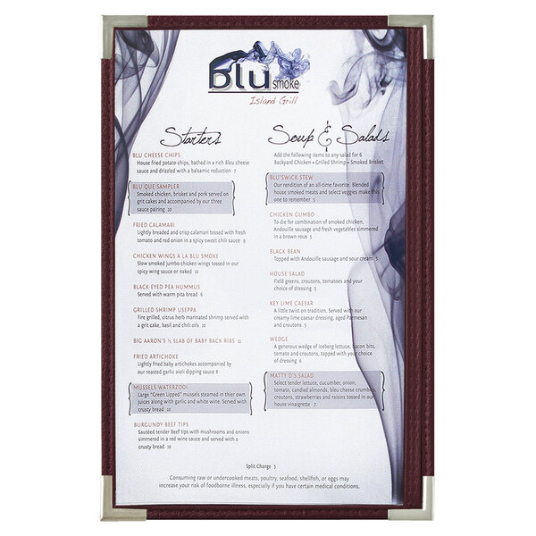 A Royal menu board with a red frame holding a menu with white paper and a smokey blue background.