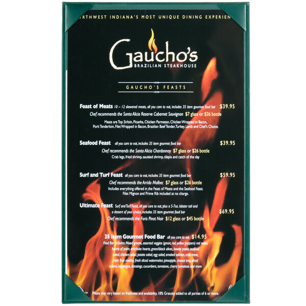 A green Menu Solutions menu board with a fire design on it.