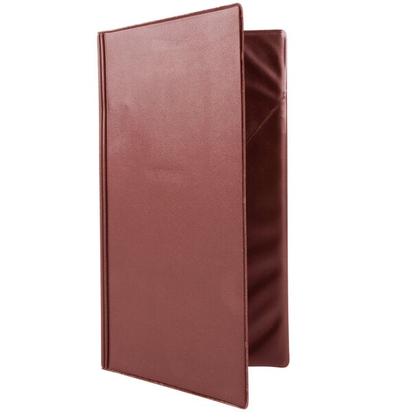 A burgundy and brown leather check presenter with a flap.