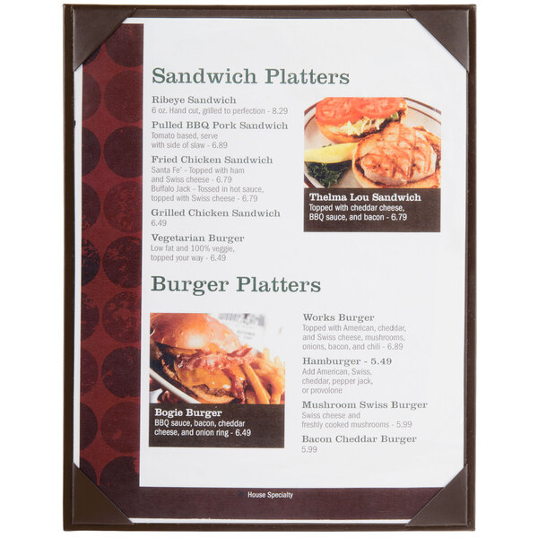 A brown Menu Solutions menu board for a restaurant with a close-up of a burger with bacon and cheese on it.