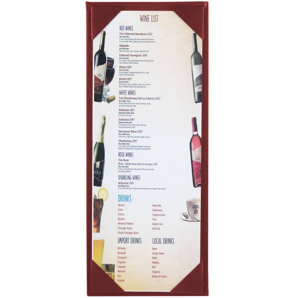 A burgundy menu board with wine bottles on it.