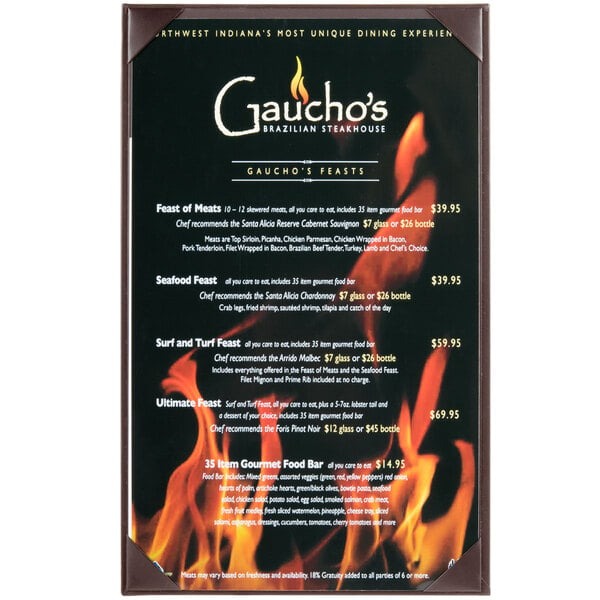 A brown Menu Solutions menu board with flames on it.