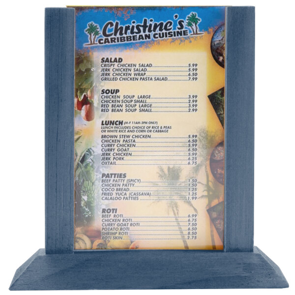 A blue denim wood Menu Solutions table tent on a table with a menu.