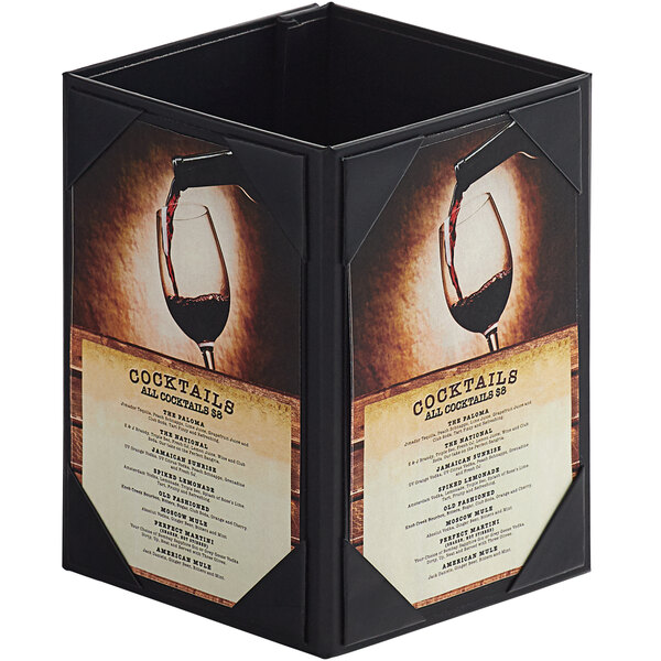 A black Menu Solutions quad panel table tent with a menu and picture of wine on it.