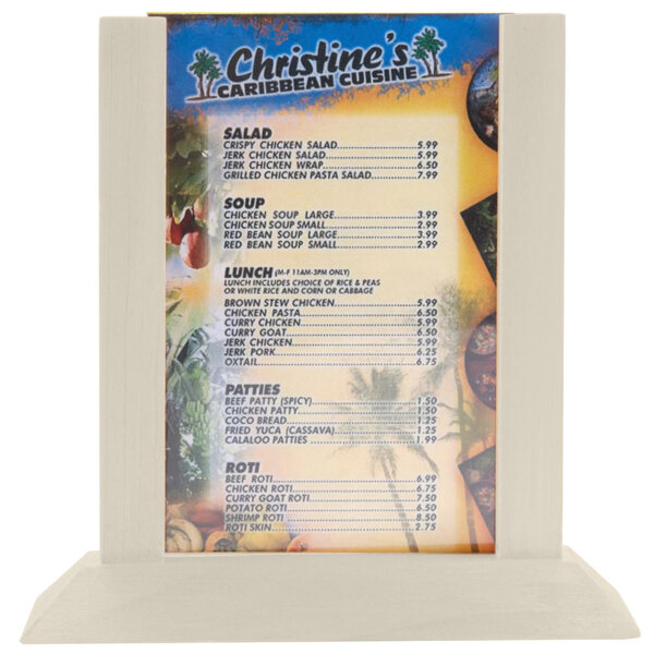 A Menu Solutions almond wood table tent with a menu on a stand.