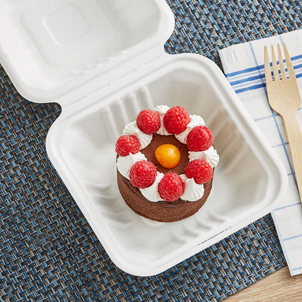 An EcoChoice compostable bagasse take-out container with a chocolate cake and raspberries on it.