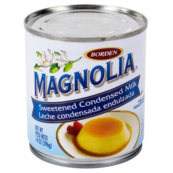 A can of Magnolia sweetened condensed milk with a yellow and orange label.