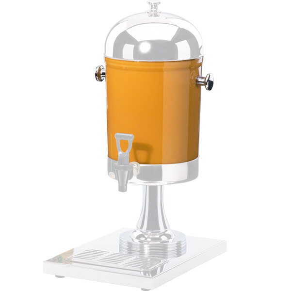 A silver and orange Cal-Mil beverage chamber on a stand.