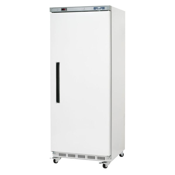 A white Arctic Air reach-in refrigerator on wheels with a black handle.
