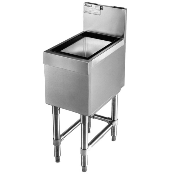 A stainless steel rectangular container with a drain on top.