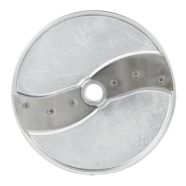 A circular metal Vollrath slicing plate with two holes.